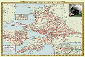 Old Railway Maps PORTFOLIO Collection: Old Map of the Routes and Stations of the Great Western Railway 1927