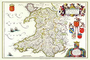 Wales and Counties PORTFOLIO Collection: Old Map of Wales 1648 by Johan Blaeu from the Atlas Novus