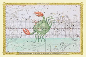 Astronomy, Celestial and Star Charts Gallery: Signs of the Zodiac in Early Color by John Bevis ÔÇô Cancer ÔÇô June 21 ÔÇô July 22