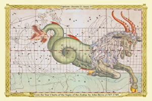 Astronomy, Celestial and Star Charts Collection: Signs of the Zodiac in Early Color by John Bevis ÔÇô Capricorn ÔÇô December 22 ÔÇô January 19