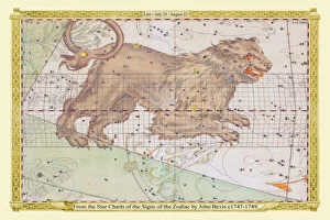 Astronomy, Celestial and Star Charts Collection: Signs of the Zodiac in Early Color by John Bevis ÔÇô Leo ÔÇô July 23 ÔÇô August 22
