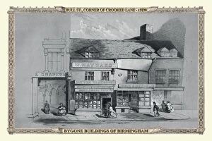 Bygone Birmingham Gallery: View of Old Shops on the corner of Bull Street and Crooked Lane, Birmingham 1830